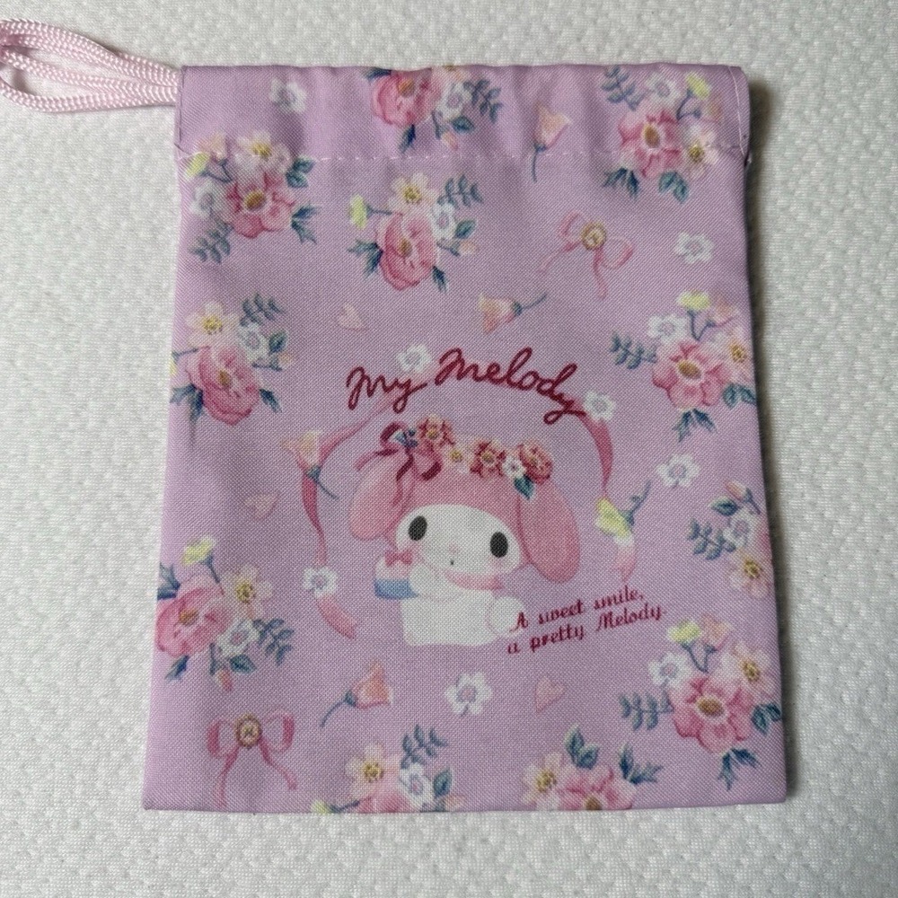 Sanrio My‎ Melody Kuromi Floral Drawstring Pouch Bag Pink Purple 6x7.5"